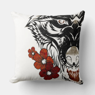 Wolf Flower Tatoo Vintage Cushion