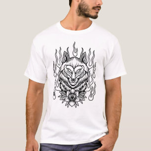 Wolf flowers with flames tattoo design T-Shirt