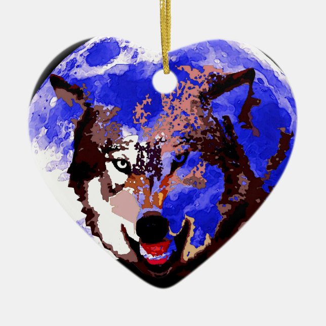 Wolf & Full Moon Ceramic Tree Decoration (Front)