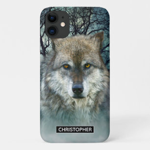 Wolf Full Moon in Fog   Add Your Name iPhone 11 Case