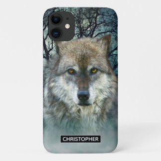 Wolf Full Moon in Fog | Add Your Name iPhone 11 Case