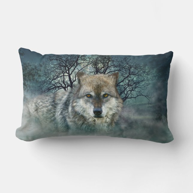 Wolf Full Moon in Fog Lumbar Cushion (Front)