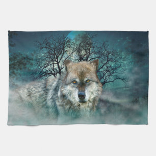 Wolf Full Moon in Fog Tea Towel