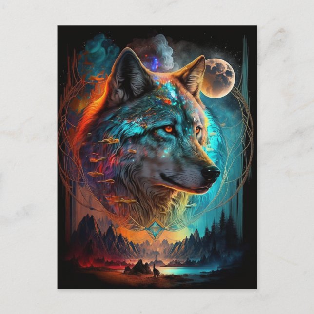 Wolf Full Moon Landscape Surreal Fantasy Postcard (Front)