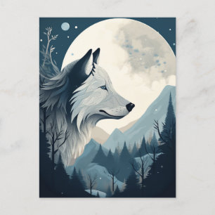 Wolf Full Moon Mountains Fantasy Art Postcard