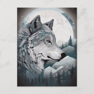Wolf Full Moon Mountains Fantasy Art Postcard