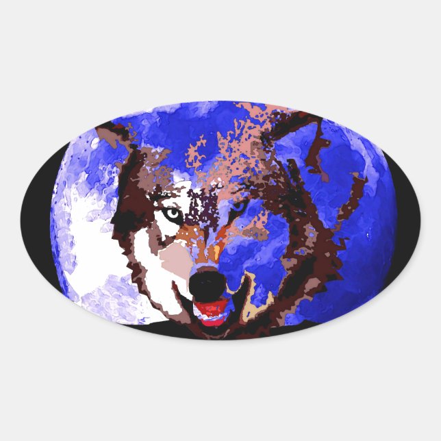 Wolf & Full Moon Oval Sticker (Front)