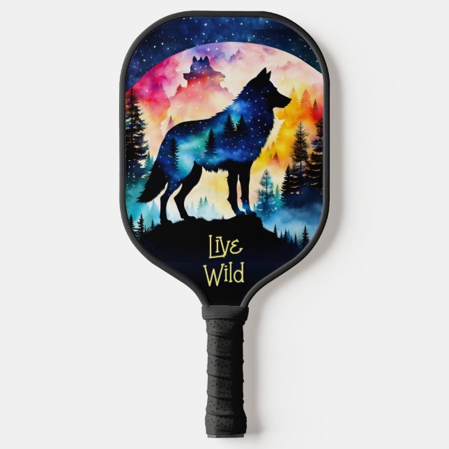 Wolf full moon watercolor trees pickleball paddle (Front)