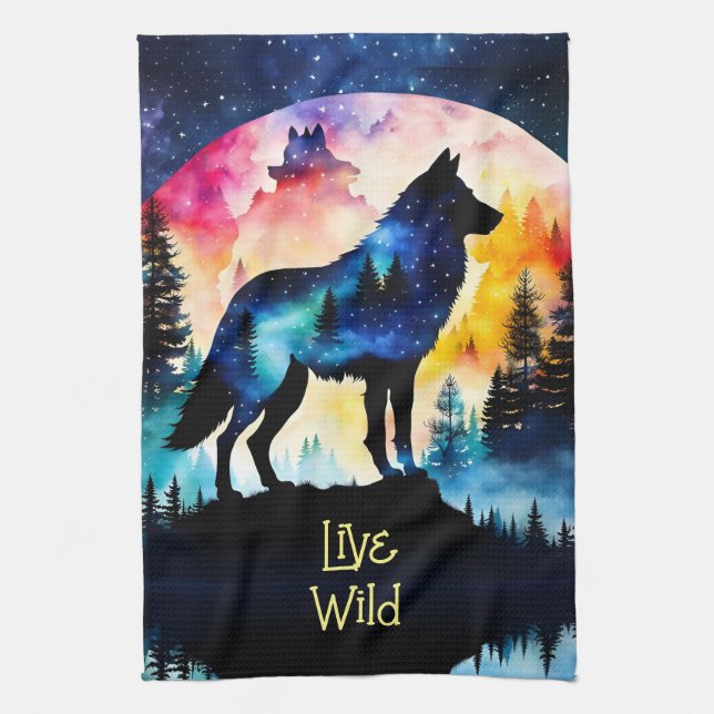 Wolf full moon watercolor trees tea towel (Vertical)