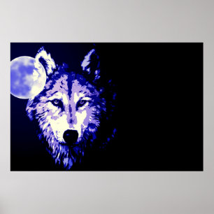 Wolf Fullmoon Blue Black Poster