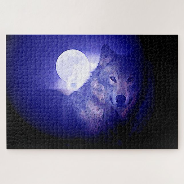 Wolf Fullmoon & Blue Night - Wild Animals Art Jigsaw Puzzle (Horizontal)