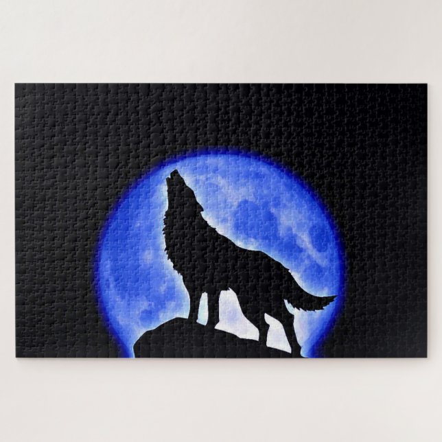Wolf Fullmoon & Blue Night - Wild Animals Art Jigsaw Puzzle (Horizontal)
