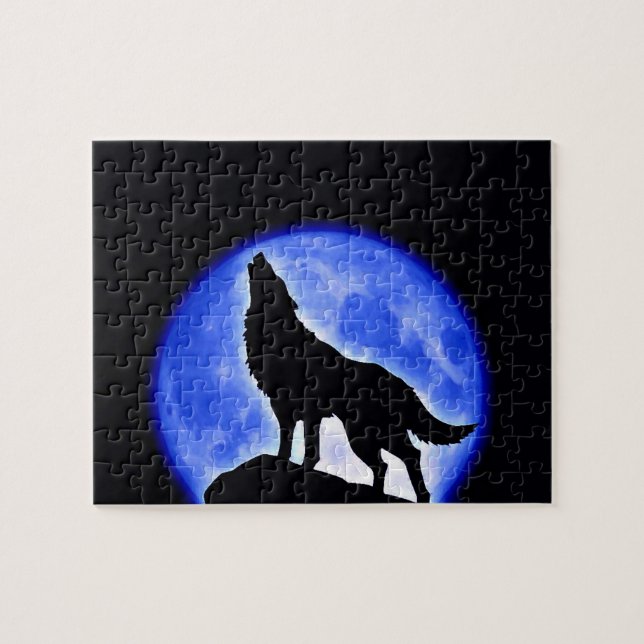 Wolf Fullmoon & Blue Night - Wild Animals Art Jigsaw Puzzle (Horizontal)