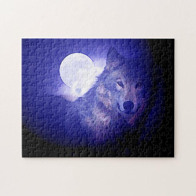 Wolf Fullmoon & Blue Night - Wild Animals Art Jigsaw Puzzle (Horizontal)