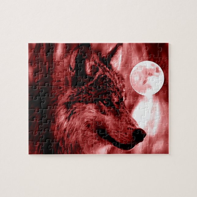 Wolf Fullmoon & Red Night - Wild Animals Art Jigsaw Puzzle (Horizontal)