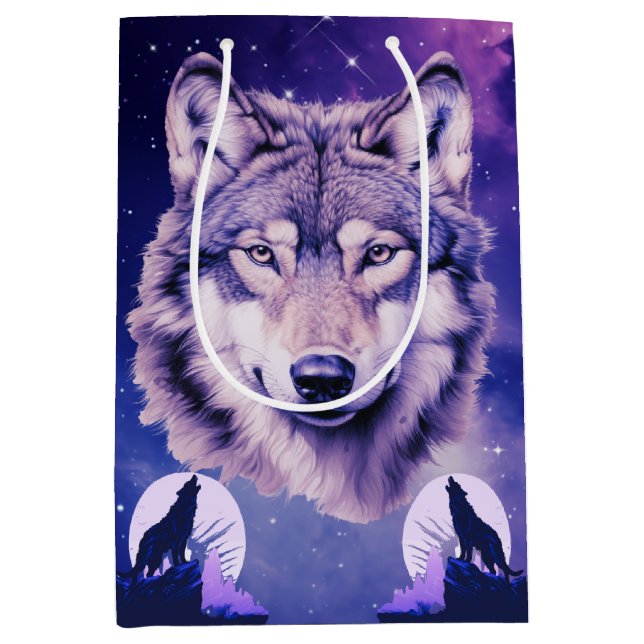 Wolf Galaxy Stars Cosmic Birthday Party  Medium Gift Bag (Front)
