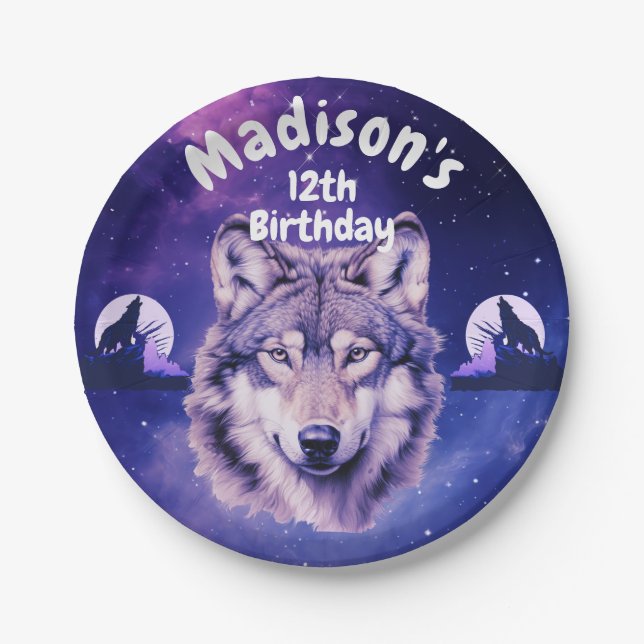Wolf Galaxy Stars Cosmic Birthday Party  Paper Plate (Front)