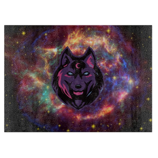 Wolf Graphic Artwork, Purple Cosmic Background Cutting Board (Front)