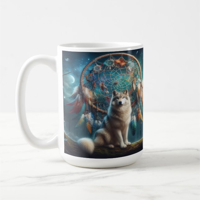 Wolf Guarding a Giant Dreamcatcher  Coffee Mug (Left)