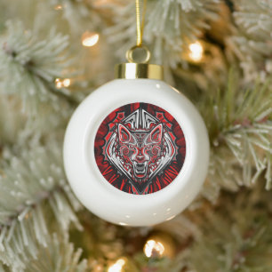 Wolf Haida Tribal Totem Design Ceramic Ball Christmas Ornament