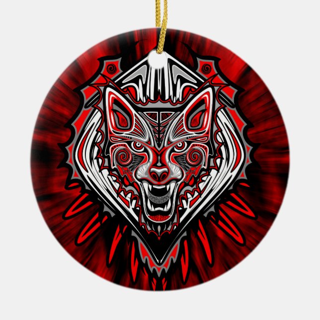 Wolf Haida Tribal Totem Design Ceramic Tree Decoration (Front)