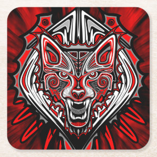 Wolf Haida Tribal Totem Design Square Paper Coaster