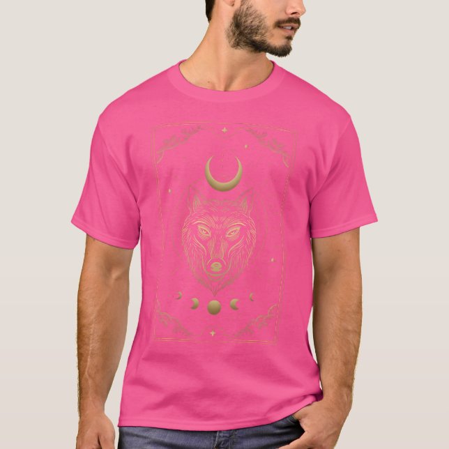 Wolf Head Crescent Moon Luxurious Celestial Engrav T-Shirt (Front)
