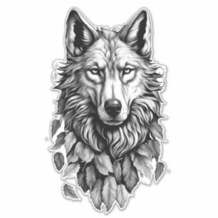 wolf head leaves animal original art drawing