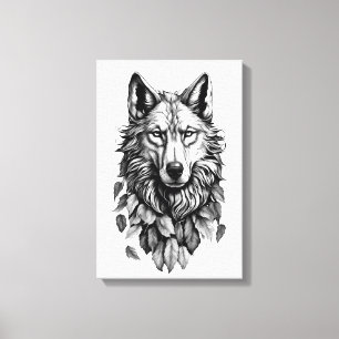 wolf head leaves animal original art drawing canvas print