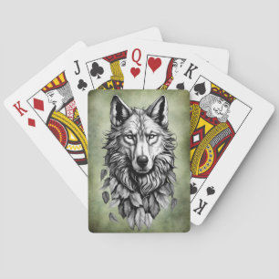 wolf head leaves animal original art drawing playing cards