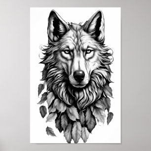 wolf head leaves animal original art drawing poster