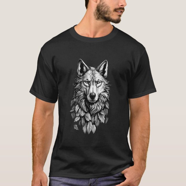 wolf head leaves animal original art drawing T-Shirt (Front)
