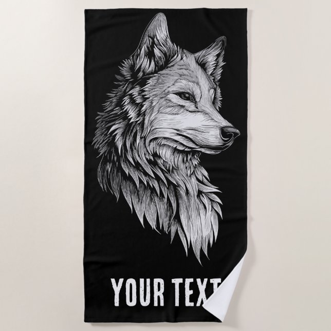 Wolf Head Line Art Beach Towel Minimal Dark Design (Front)