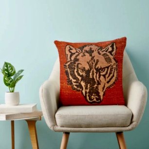Wolf Head on Red Cushion