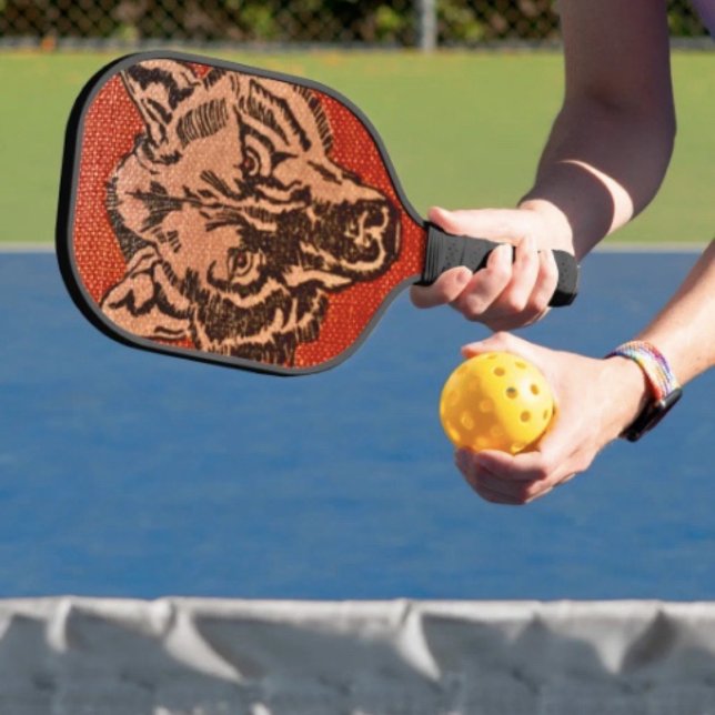 Wolf Head on Red  Pickleball Paddle (Wolf Head on Red  Design pickleball paddle hand wrapped grip honeycomb core. 8 oz weight. )