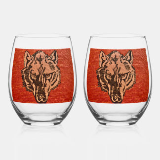 Wolf Head on Red     Stemless Wine Glass
