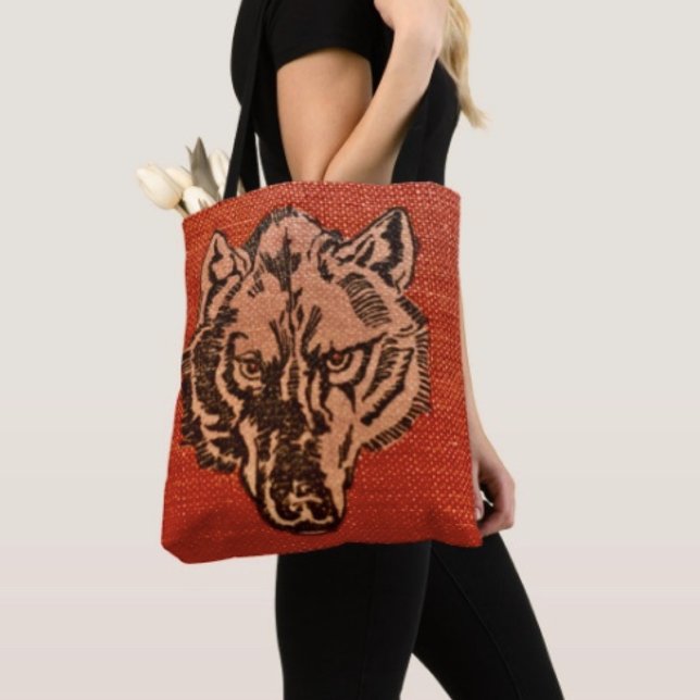 Wolf Head on Red Tote Bag (Tote Bag — 100% polyester, black laminated lining 100% cotton web hand. Made in the USA.

)
