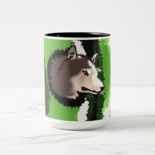 wolf head peaking in the bushes Two-Tone coffee mug
