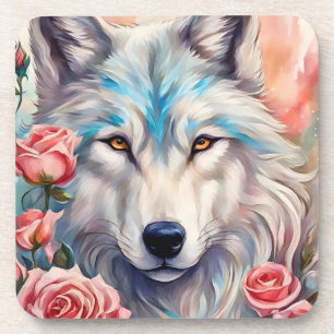 wolf head pink roses animal wildlife painting coaster