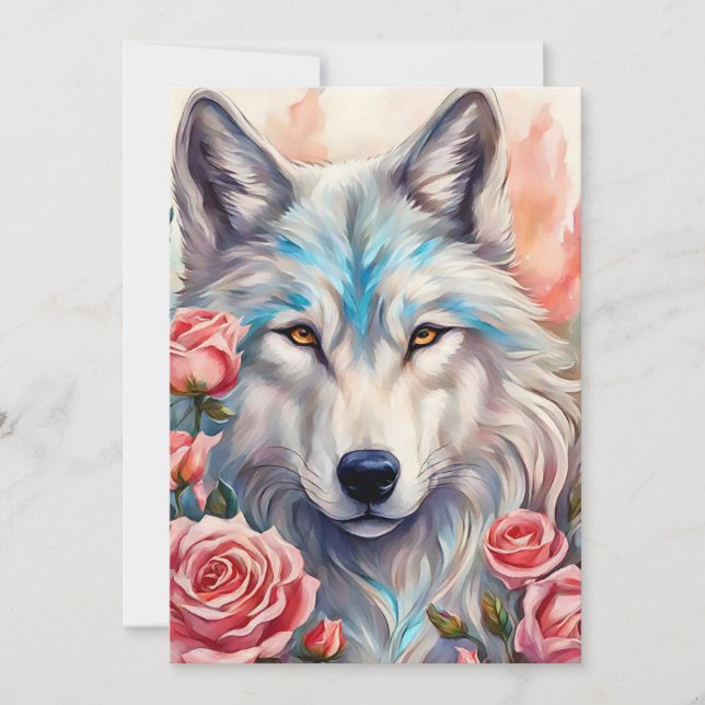 wolf head pink roses animal wildlife painting holiday card (Front)