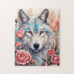 wolf head pink roses animal wildlife painting jigsaw puzzle