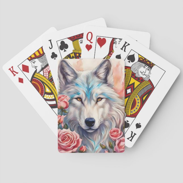 wolf head pink roses animal wildlife painting playing cards (Back)