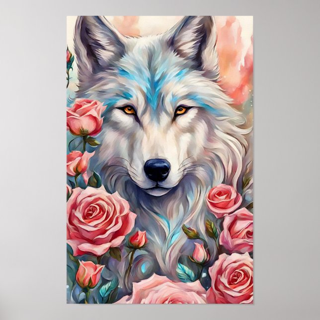 wolf head pink roses animal wildlife painting poster (Front)