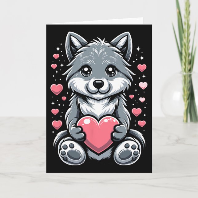 Wolf Holding Heart Valentine's Day Cute Wolves Val Card (Front)