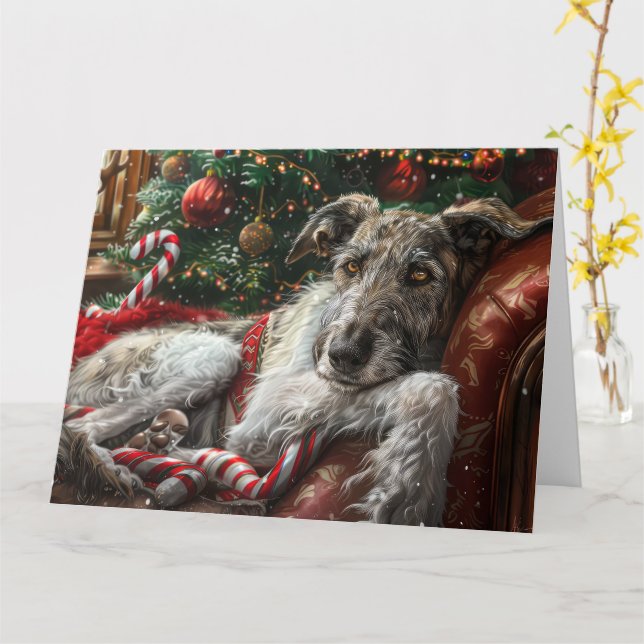 Wolf Hound Dog Christmas Festive Card (Yellow Flower)