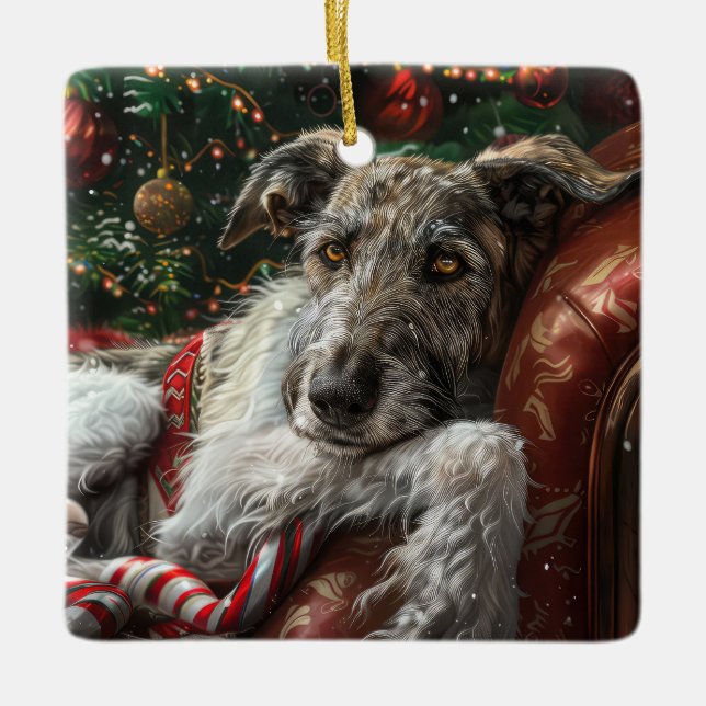 Wolf Hound Dog Christmas Festive Ceramic Ornament (Front)