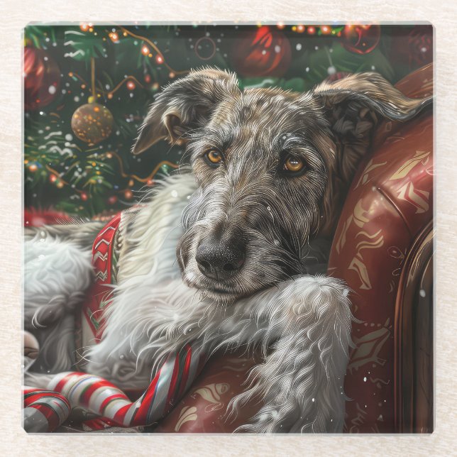 Wolf Hound Dog Christmas Festive Glass Coaster (Front)