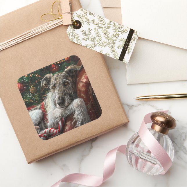 Wolf Hound Dog Christmas Festive Square Sticker (Gifting)