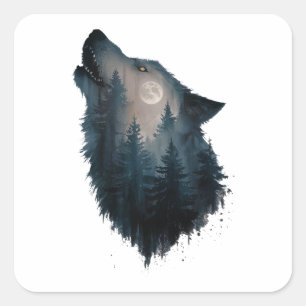 Wolf Howl Forest Moon Square Sticker