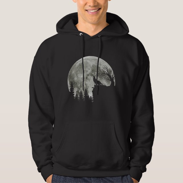 Wolf Howl On Mountain Halloween Moon Hoodie (Front)